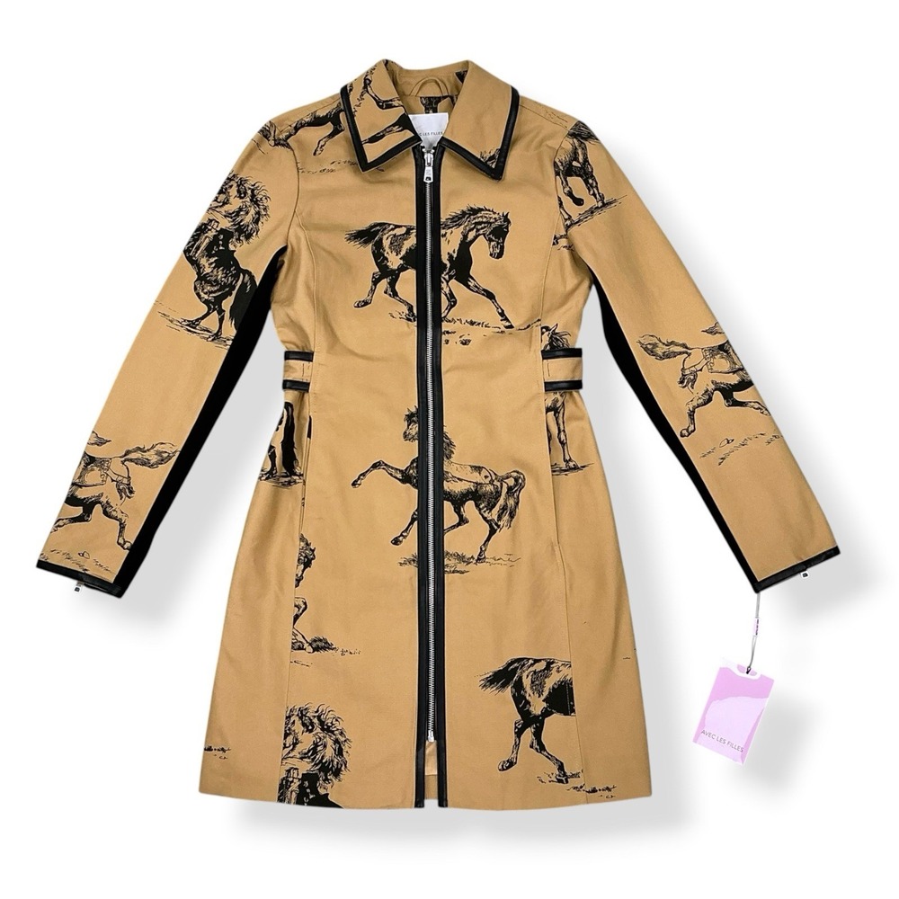 Avec Les Filles Jacket Women Small Tan Black Horse Trench Longline Canvas NWT